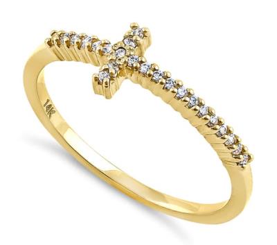 Cross Diamond Ring - Solid 14K Yellow Gold
